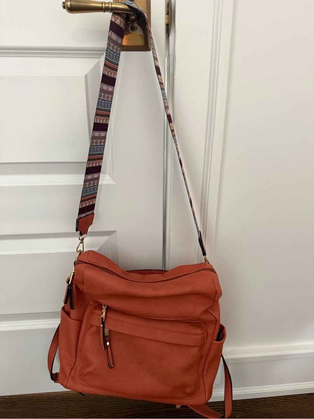 Faux Leather Backpack with Patterned Straps